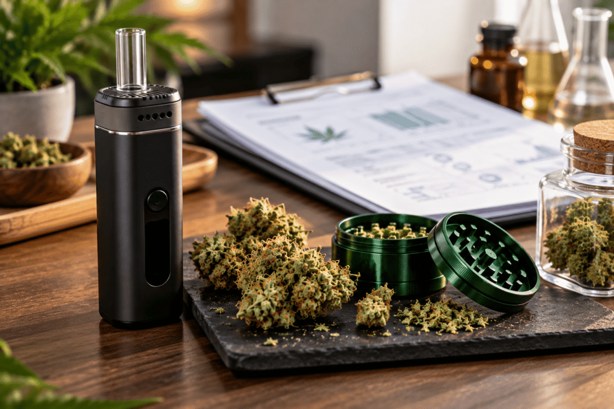 Vaporisateur pour fleurs CBD accompagné d'un grinder et d'une analyse